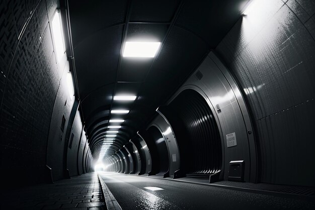 Le passage souterrain du tunnel long et lointain avec des lumières scène de tournage de style noir et blanc