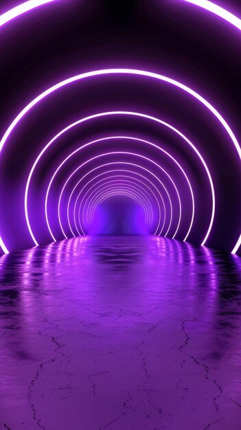 Un passage de tunnel au néon brillant rempli d'anneaux concentriques de lumière violette vibrante créant un environnement abstrait visuellement frappant et immersif