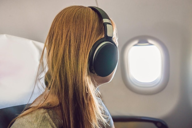 Passager en avion à l'aide d'écouteurs. Femme dans la cabine de l'avion à l'aide d'un appareil intelligent écoutant de la musique sur des écouteurs.