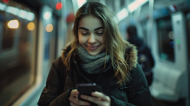 Photo un passager en train de taper un message sur son téléphone portable en souriant