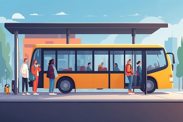 Passagers attendant les transports en commun à l'arrêt de bus illustration vectorielle plate personnages de dessins animés utilisant auto