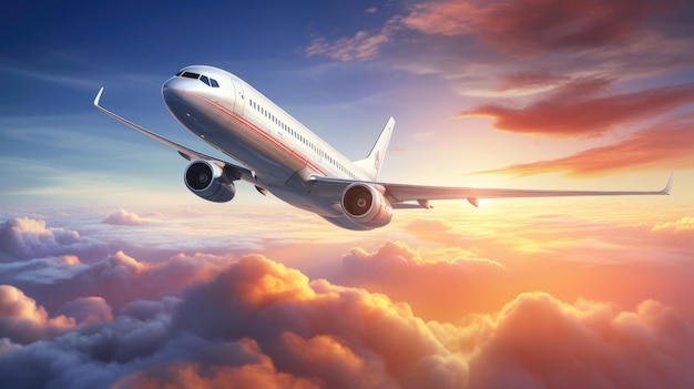 Passagers d'un avion commercial volant au-dessus des nuages au coucher du soleil