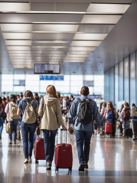 Des passagers avec des bagages marchent dans le hall des départs d'un grand aéroport.