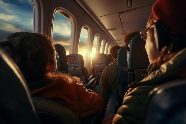 Des passagers dans un avion avec le soleil qui se couche derrière eux.