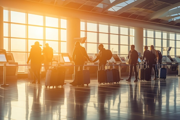 Les passagers transportent des bagages pour s'enregistrer à l'aéroport par IA générative