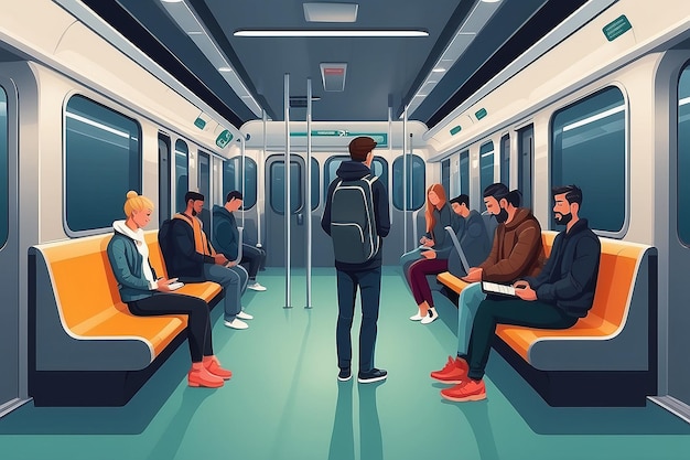 Passagers des transports en commun Hommes et femmes assis et debout dans un wagon de métro moderne