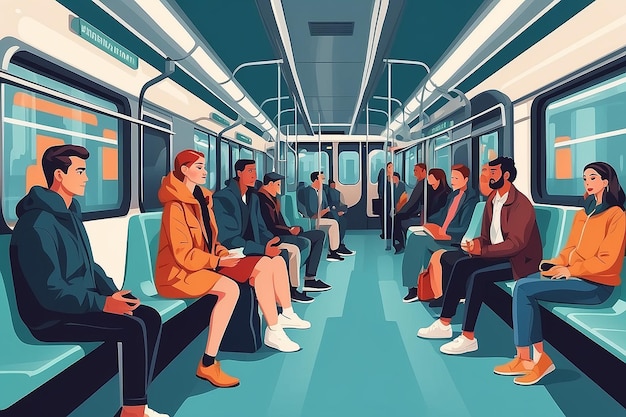 Passagers des transports en commun Hommes et femmes assis et debout dans un wagon de métro moderne