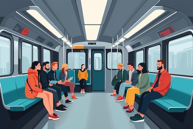 Passagers des transports en commun Hommes et femmes assis et debout dans un wagon de métro moderne