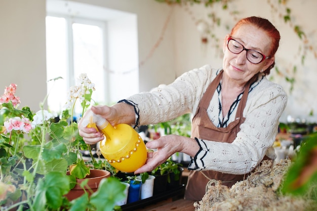 Le passe-temps des femmes. Mamie gicle et prend soin des plantes et des fleurs de la maison