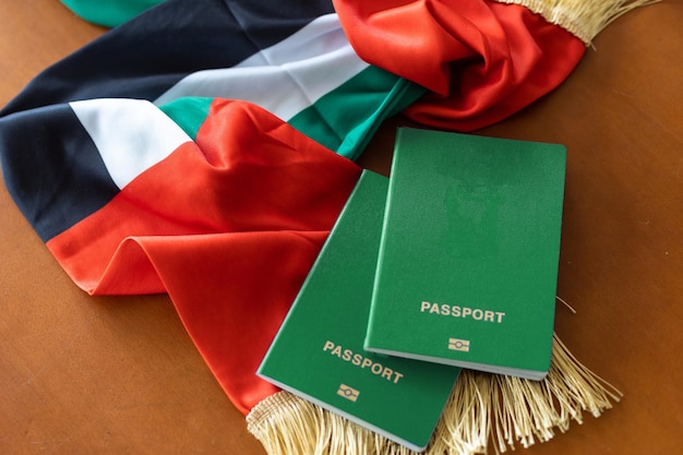 Passeport et drapeau des Émirats arabes unis sur fond de bois. Notion de voyage.