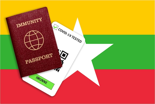 Passeport d'immunité pour voyager après une pandémie et résultat du test COVID sur le drapeau du Myanmar