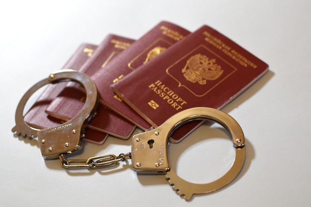 Passeport russe et menottes sur fond blanc interdiction des citoyens russes à l'entrée et à la sortie du verrouillage du passeport