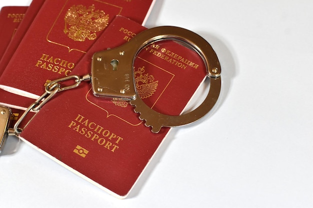 Passeport russe et menottes sur fond blanc interdiction des citoyens russes à l'entrée et à la sortie du verrouillage du passeport