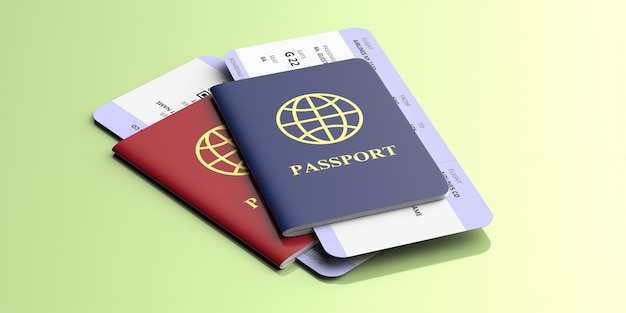 Passeports et billets d'avion isolés sur fond de couleur vert pastel illustration 3d