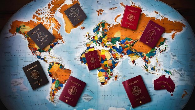 Passeports placés sur la carte du monde concept de voyage