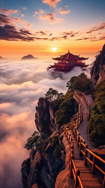 Photo passerelle arafée menant à une pagode sur une montagne avec des nuages au-dessous de l'ia générative