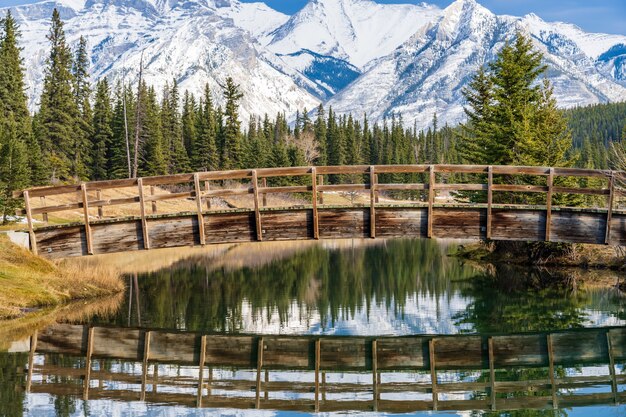 Passerelle en arc de bois dans le parc des étangs en cascade en automne parc national banff Rocheuses canadiennes