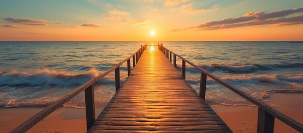 Une passerelle en bois au milieu de la plage avec la mer bleue