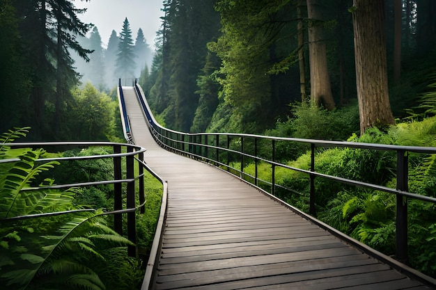 Une passerelle en bois mène à une forêt avec un pont en arrière-plan.