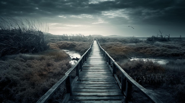 Une passerelle en bois mène à un lac avec un oiseau volant au-dessus.