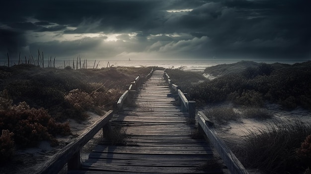 Une passerelle en bois mène à la plage et le ciel est sombre et nuageux.