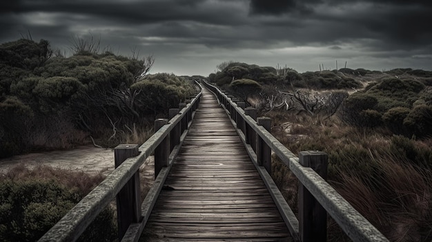 Une passerelle en bois mène à une plage et le ciel est sombre et nuageux.