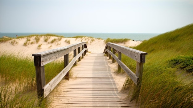 Une passerelle en bois mène à la plage et à l'océan.