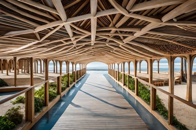 Une passerelle en bois mène à une plage avec vue sur l'océan.