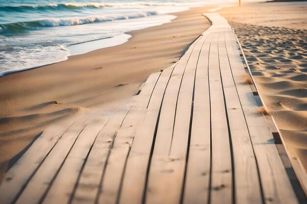 Passerelle en bois sur la plage avec le coucher de soleil derrière elle.