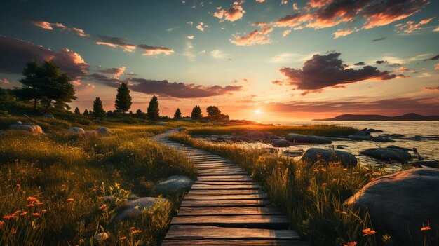 Photo une passerelle en bois à travers un champ d'herbe