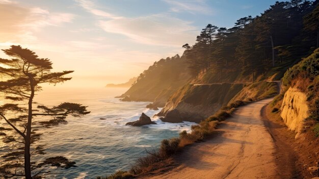 Photo une passerelle en bois vide sur la côte de l'océan au coucher du soleil, un chemin vers la plage.