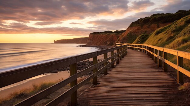 Photo une passerelle en bois vide sur la côte de l'océan au coucher du soleil, un chemin vers la plage.