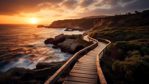 Photo une passerelle en bois vide sur la côte de l'océan au coucher du soleil, un chemin vers la plage.