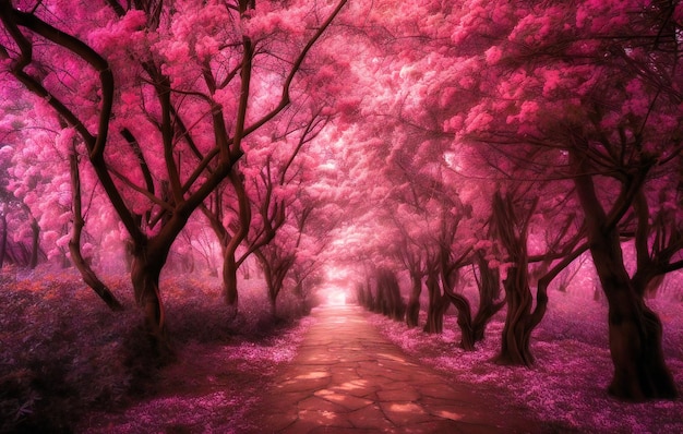 Une passerelle bordée d'arbres roses en fleurs