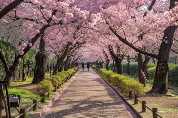 Une passerelle bordée de fleurs roses dans le parc