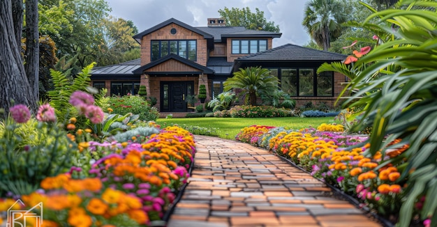 Une passerelle en briques mène à une grande maison avec un beau jardin.