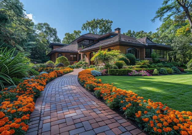Une passerelle en briques mène à une grande maison avec jardin.