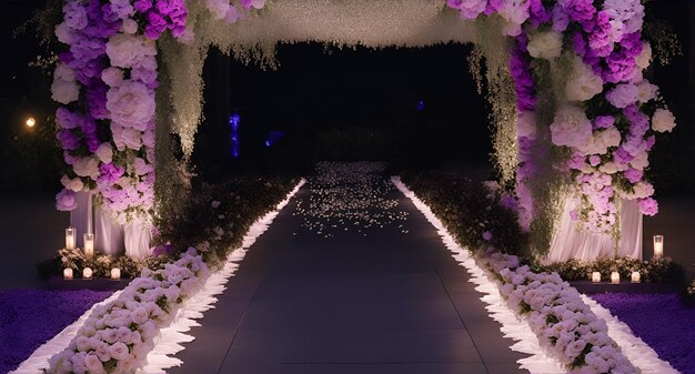 Une passerelle décorée de fleurs et de bougies