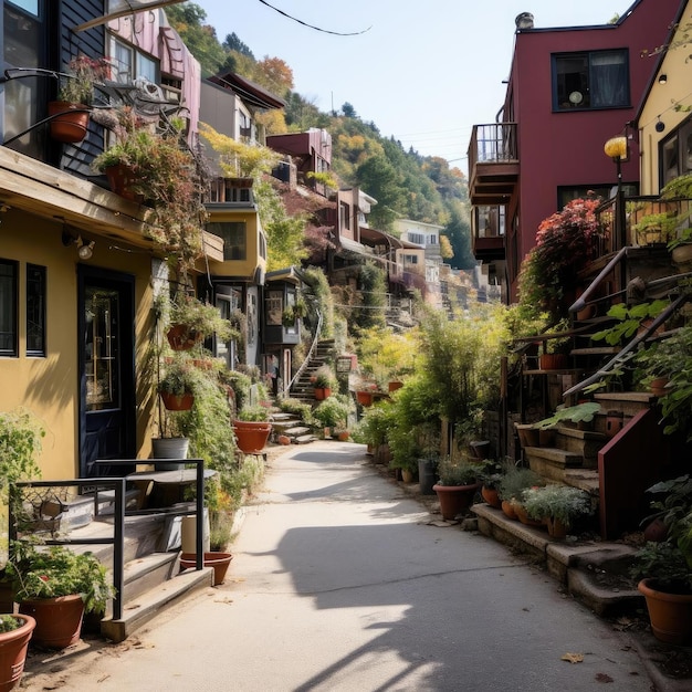 Une passerelle pavée avec une rangée de plantes en pot colorées