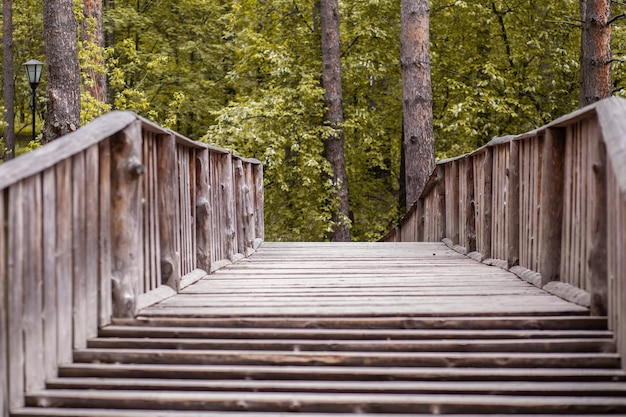 Photo passerelle piétonne en bois traversant la rivière dans le parc ou en forêt. pont et sentier pédestre.