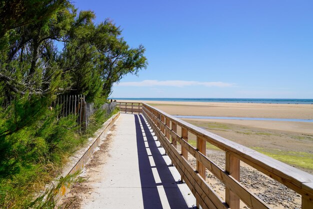 Photo passerelle de ponton en bois sur la plage de sable à l'horizon de la côte de l'océan atlantique à jard sur mer en france