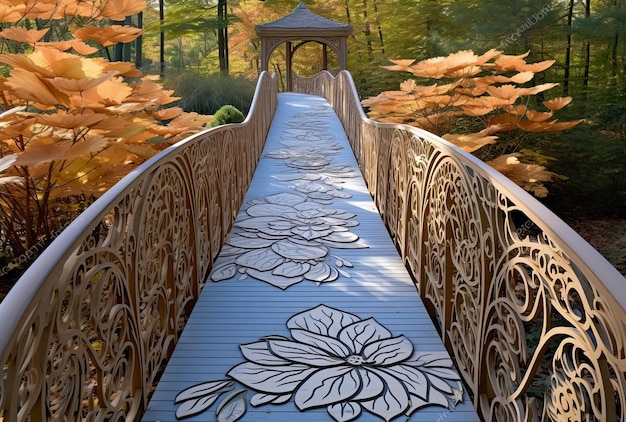 une passerelle vers un arboretum rempli de feuilles et de fleurs à la manière de blocs de bois sculptés