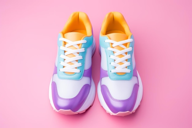 Passez à la mode Des baskets féminines à la mode sur un fond coloré Vue supérieure