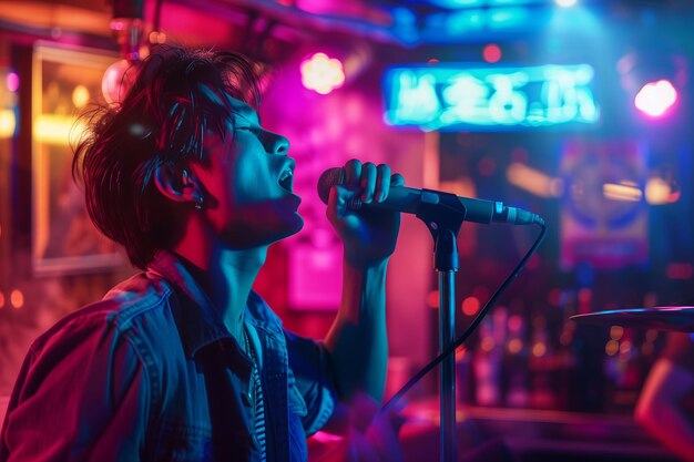 Un passionné de karaoké chante avec émotion sous des lumières vibrantes