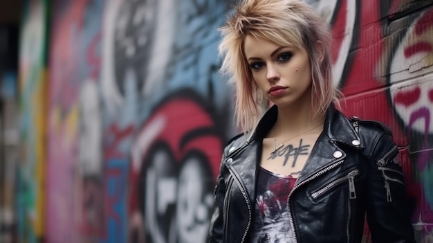 Une passionnée de punk rock vêtue d'une veste en cuir et de t-shirts de groupe se tient près d'un mur de graffitis, sa tenue rendant hommage à ses racines musicales rebelles