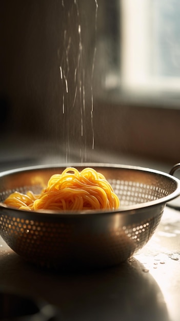 Une passoire de spaghetti est versée avec du sel.