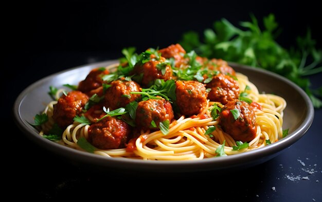 Pasta aux spaghettis avec des boulettes de viande, de la sauce tomate et du persil sur une table en bois