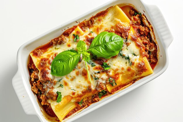 Pasta de cannelloni avec des épinards de bœuf hachés à la ricotta isolés sur fond blanc