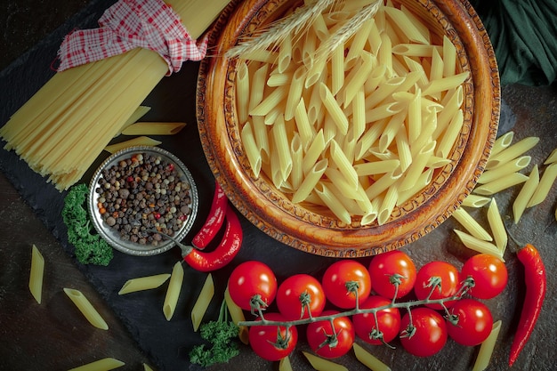 Pasta en composition avec des légumes dans la cuisine