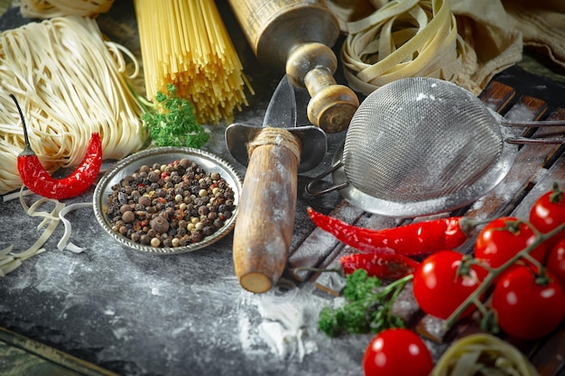 Photo pasta en composition avec des légumes dans la cuisine